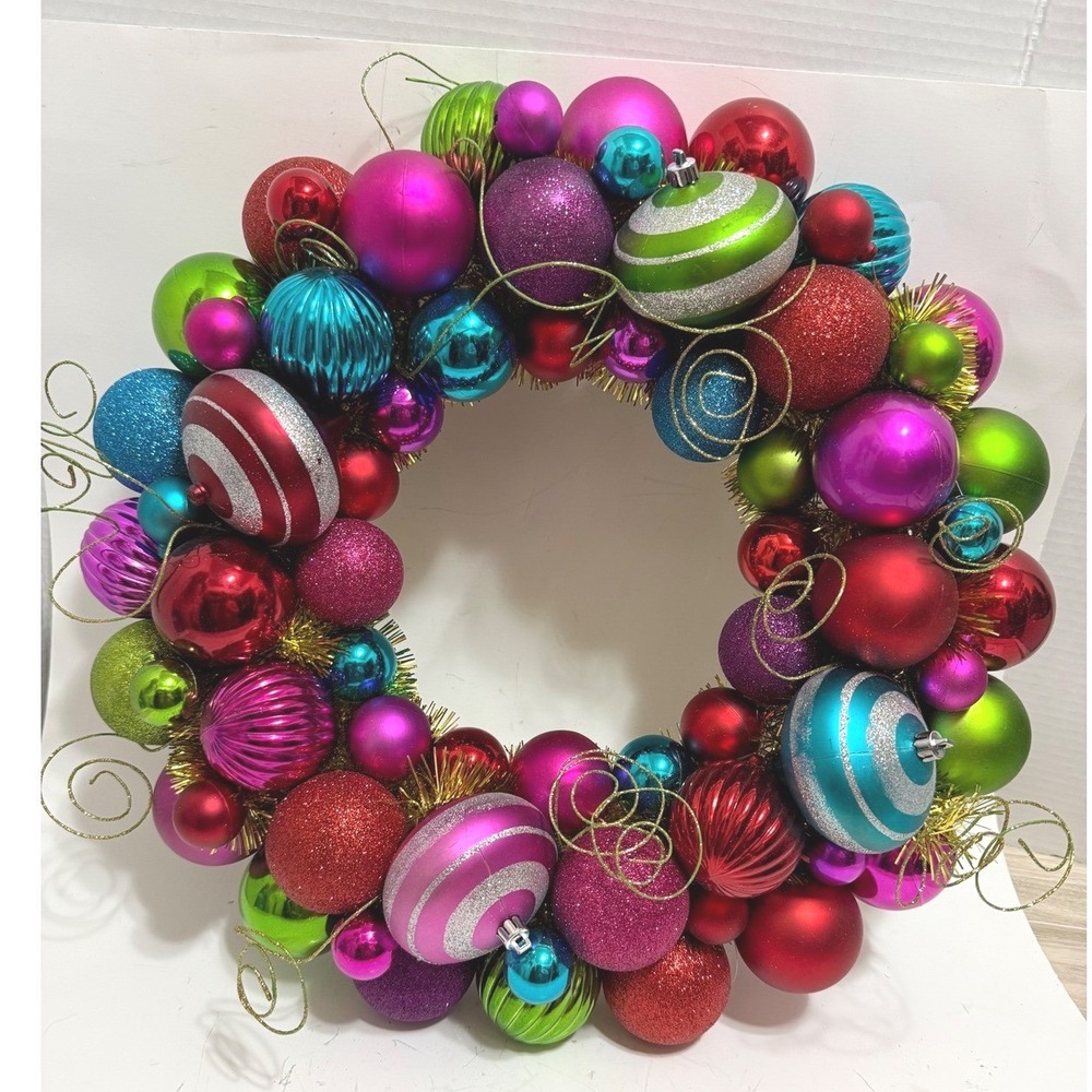 Multicolor Christmas Ornament Wreath 18" Jewel Tone Glitter Tinsel Holiday Decor